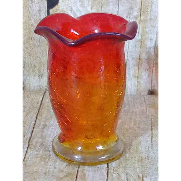 Crackle Glass Bud Vase Red and Yellow Ombre Miniature Succulent Air Plants (9A) - Picture 2 of 5